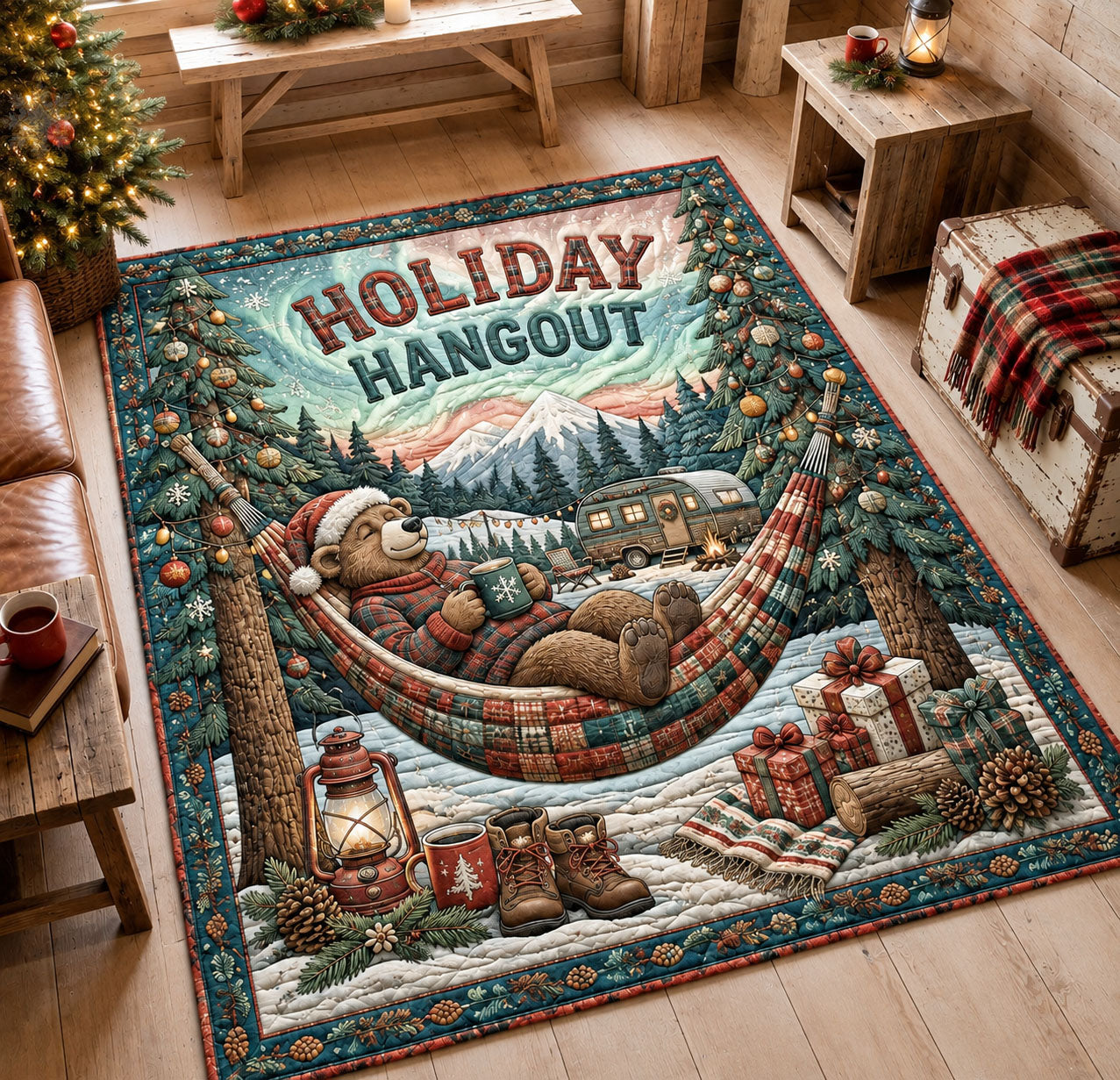Holiday Hangout Hammock Bear Area Rug - Non-Slip Washable 3D Print Rug for Living Room & BedroomTVC210865