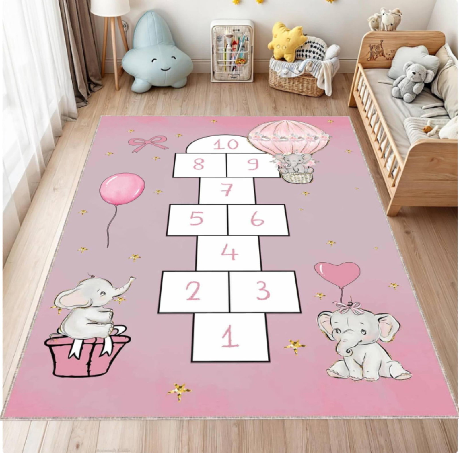 Hopscotch Kids Rug Pink Elephant Washable Decor for Kids RoomTVC1708357