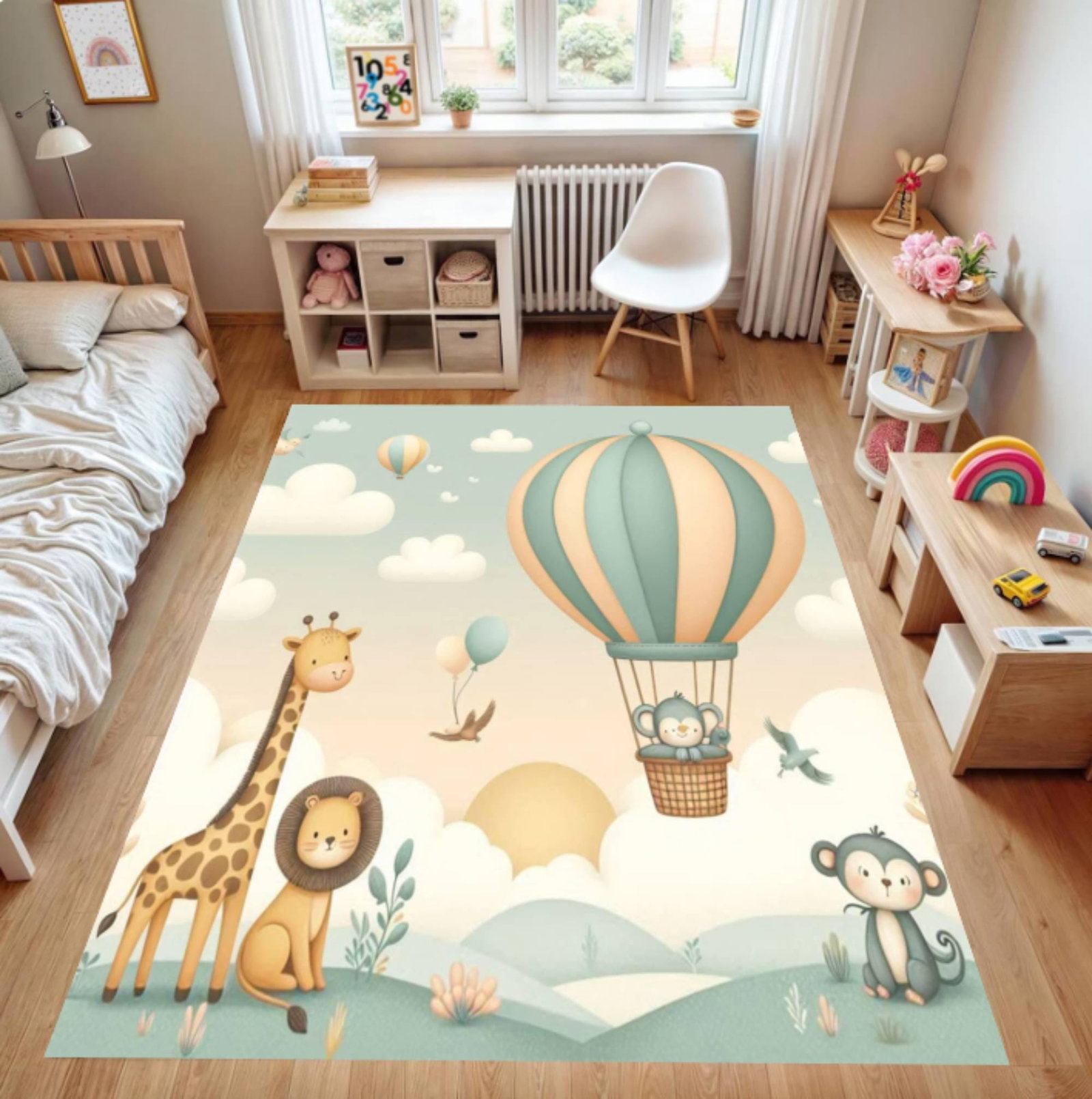Hot Air Balloon Kids Rug, Safari Animal Nursery CarpetTVC1708397