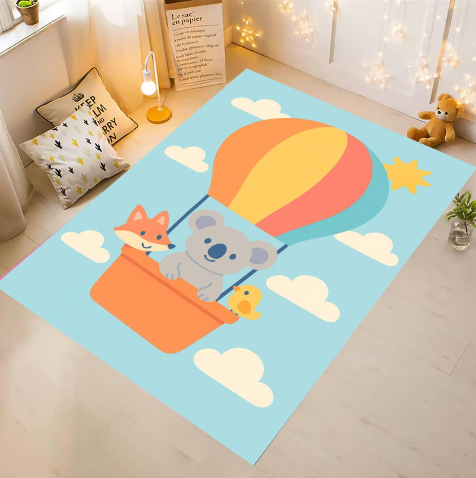 Hot Air Balloon Koala Fox and Bird Pattern Playroom RugTVC1708396