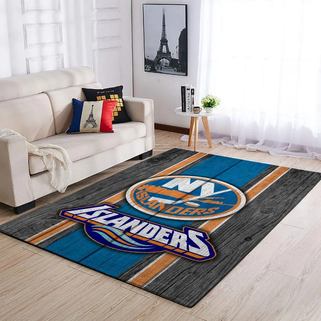 Islanders Sports Rug for Living Room Bedroom Decor Blue and Orange