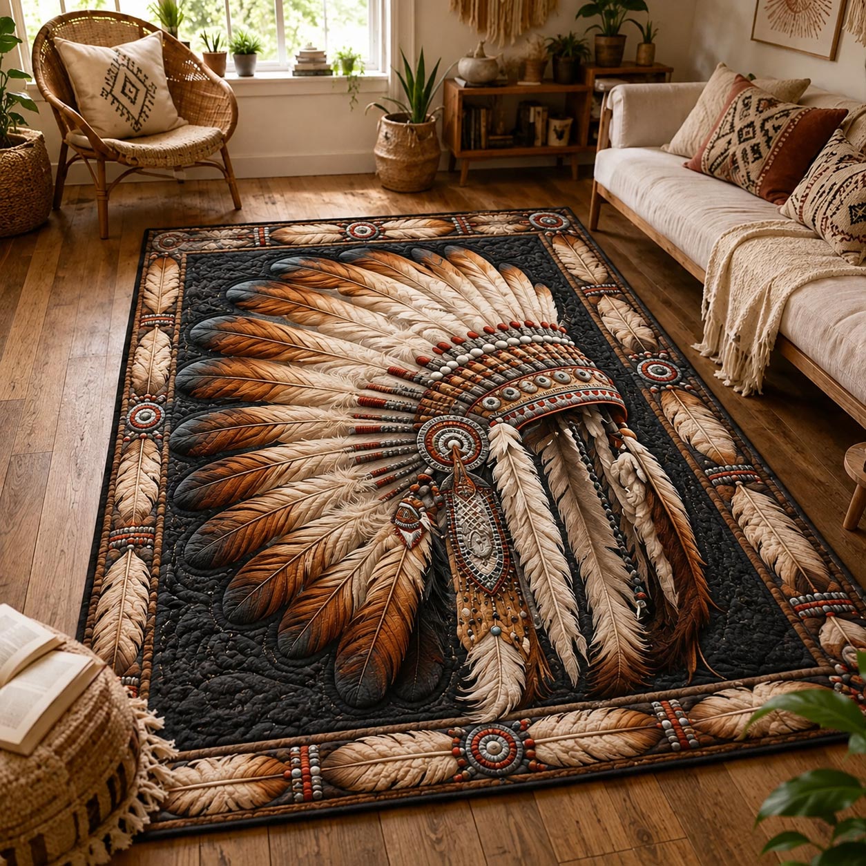 Ivory Feather Headdress Area Rug - Non-Slip Washable 3D Print Rug for Living Room & BedroomTVC210859