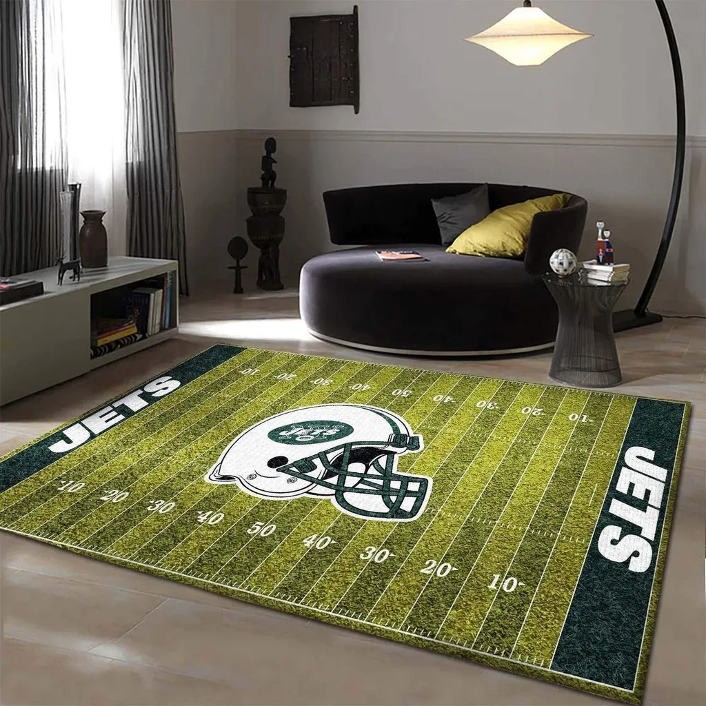 Jets Football Field Rug for Game Room Decor Green and White