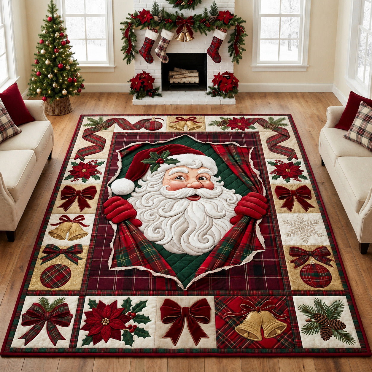 Jolly Santa Plaid Frame Area Rug - Non-Slip Washable 3D Print Rug for Living Room & BedroomTVC210862