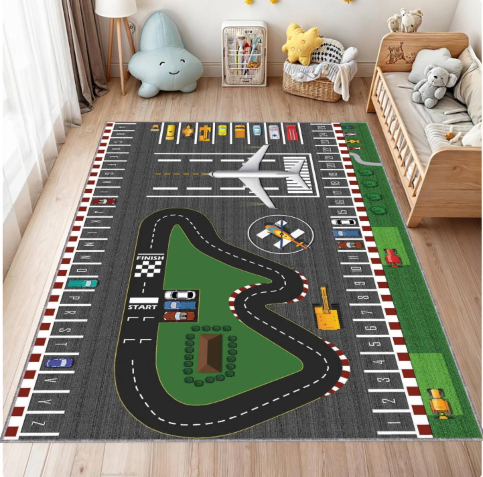 Kids Airport & Road Play Rug - Toy Car Track & Airplane Playroom Decor RugTVC1708360