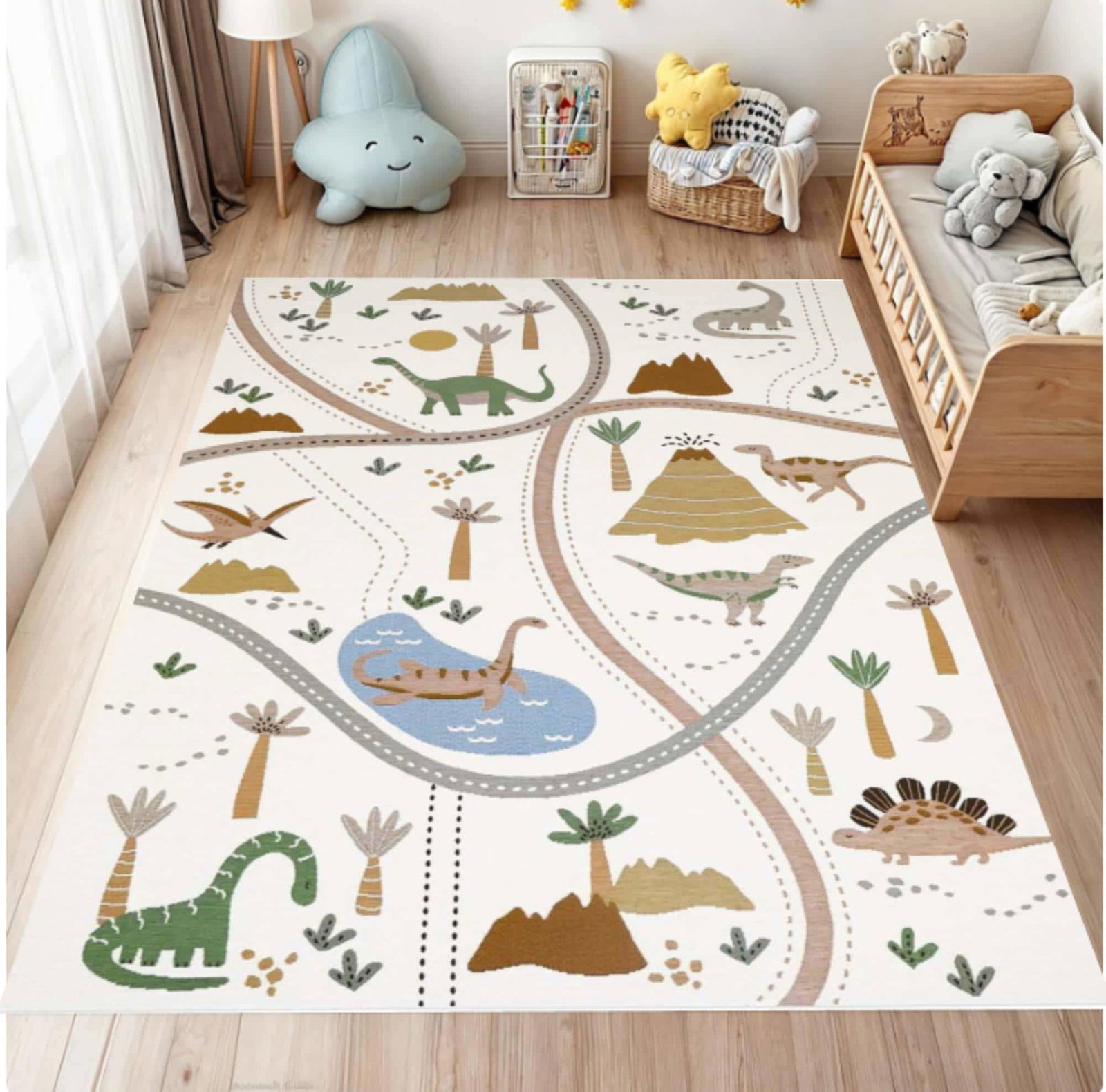 Kids Rug Dinosaur Road Map Playroom Washable Non-slipTVC1708371