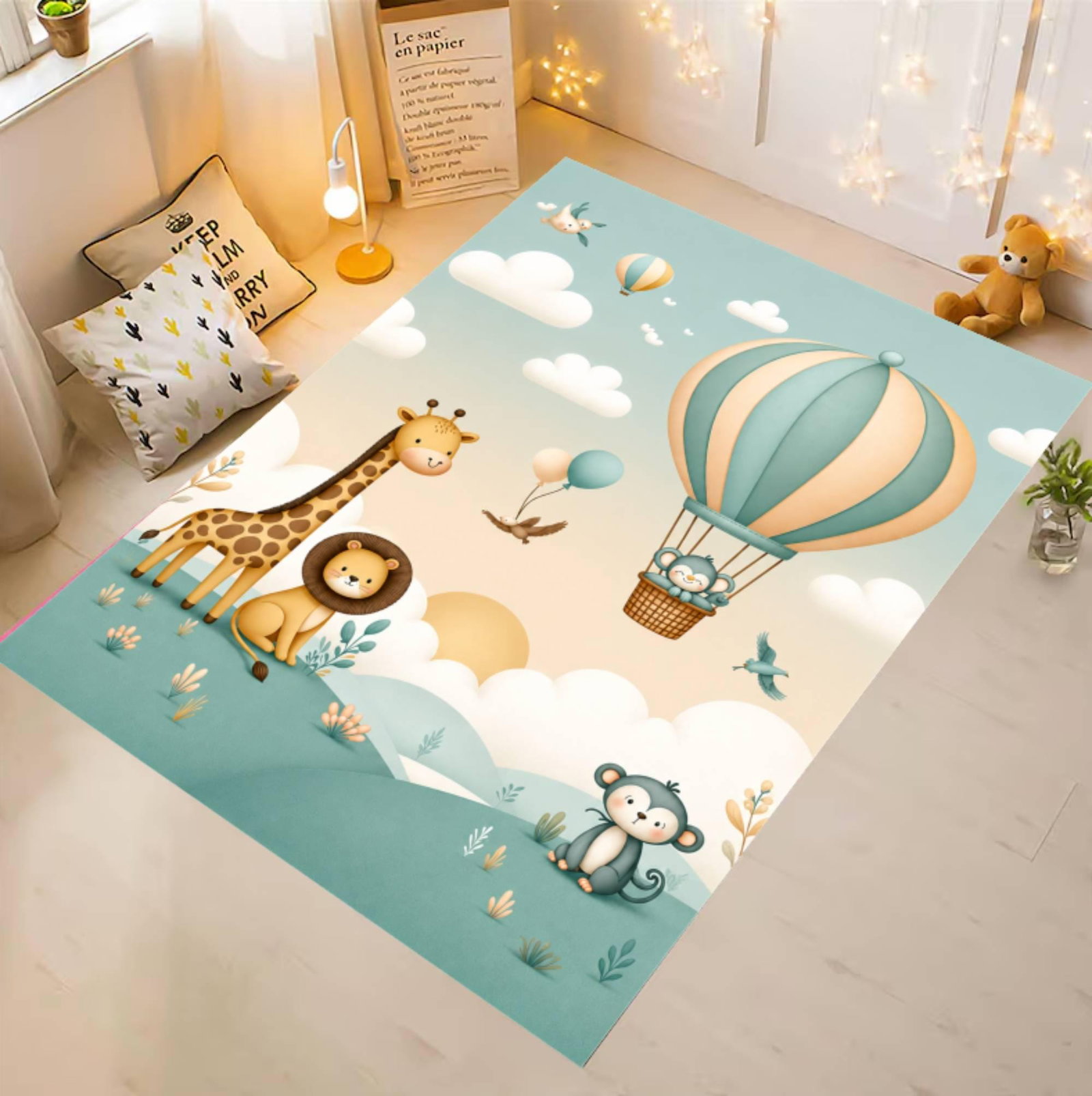 Kids Rug Hot Air Balloon Rug Safari Animals Pastel-colored FloorTVC1708368