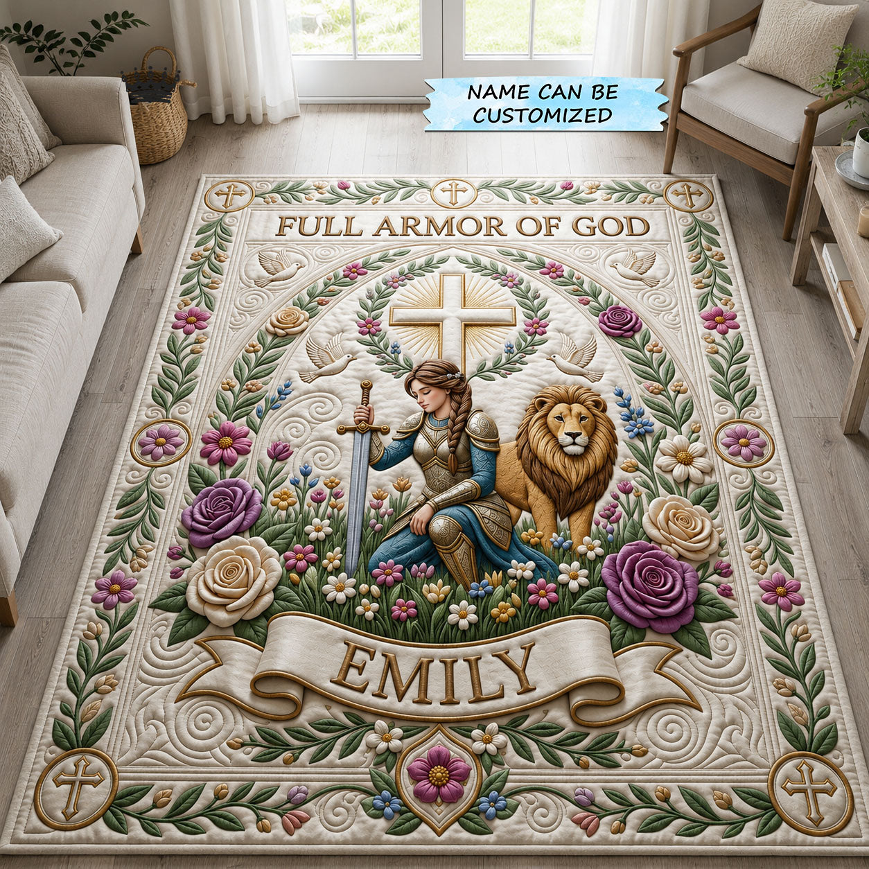 Kneeling Warrior Lion Bloom Area Rug - Non-Slip Washable 3D Print Rug for Living Room & BedroomTVC210856