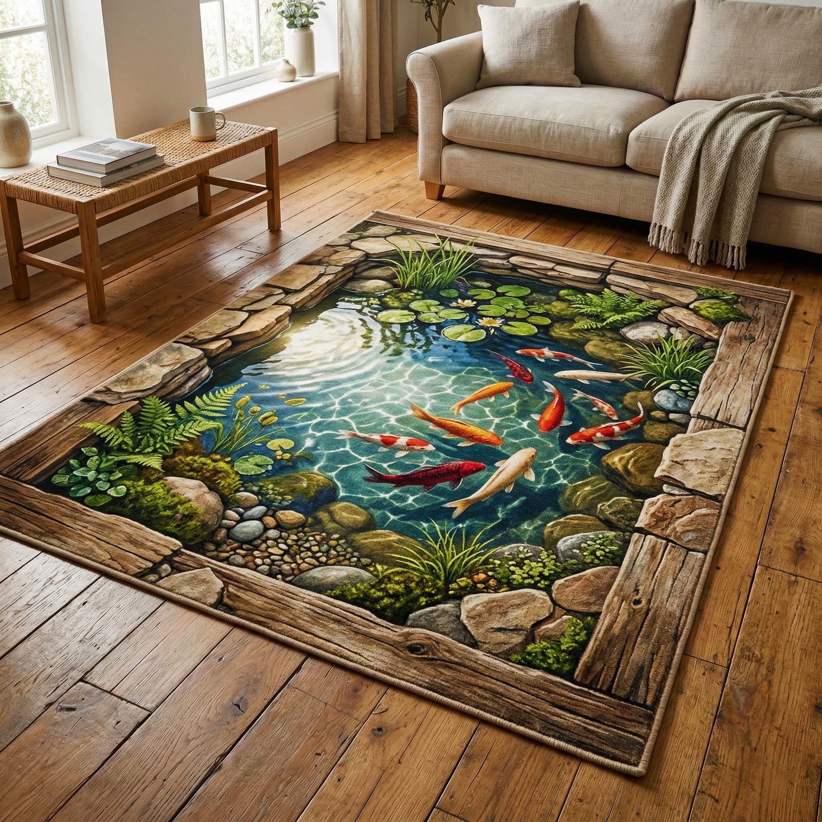 Koi Lagoon Area Rug - Non-Slip Washable 3D Print Rug for Living Room & BedroomTVC2108159