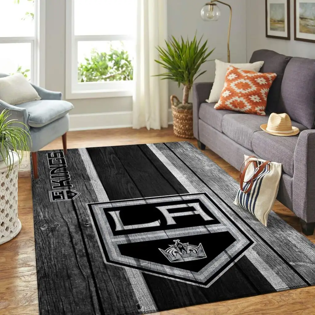 LA Kings NHL Hockey Team Wood Plank Rug Design Black and Gray