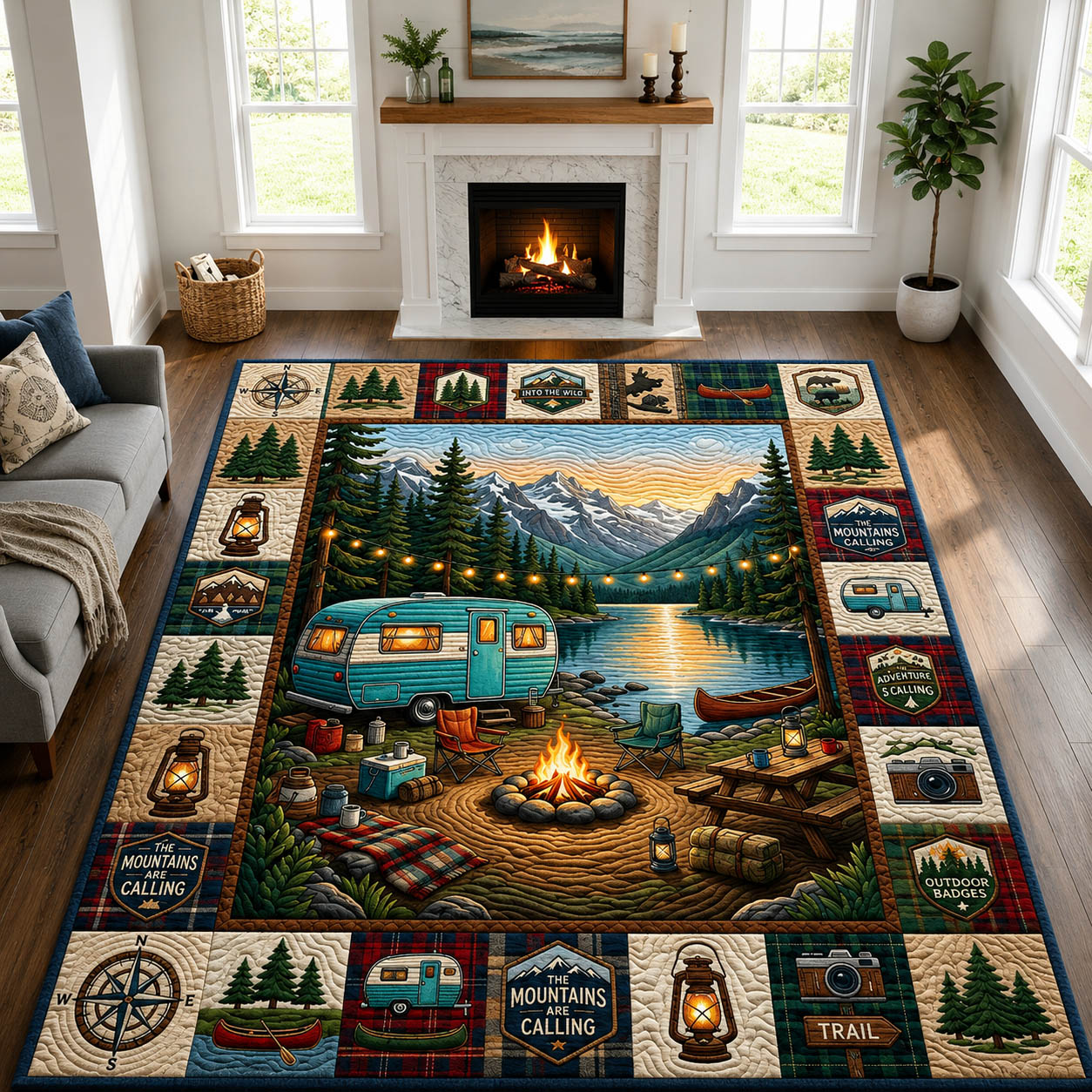 Lakeside Cabin Camping Area Rug - Non-Slip Washable 3D Print Rug for Living Room & Bedroom (DesignTVC2108171