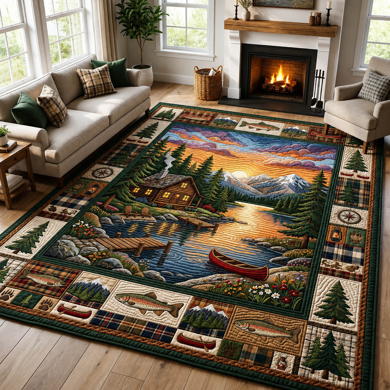 Lakeside Cabin Camping Area Rug - Non-Slip Washable 3D Print Rug for Living Room & BedroomTVC2108146