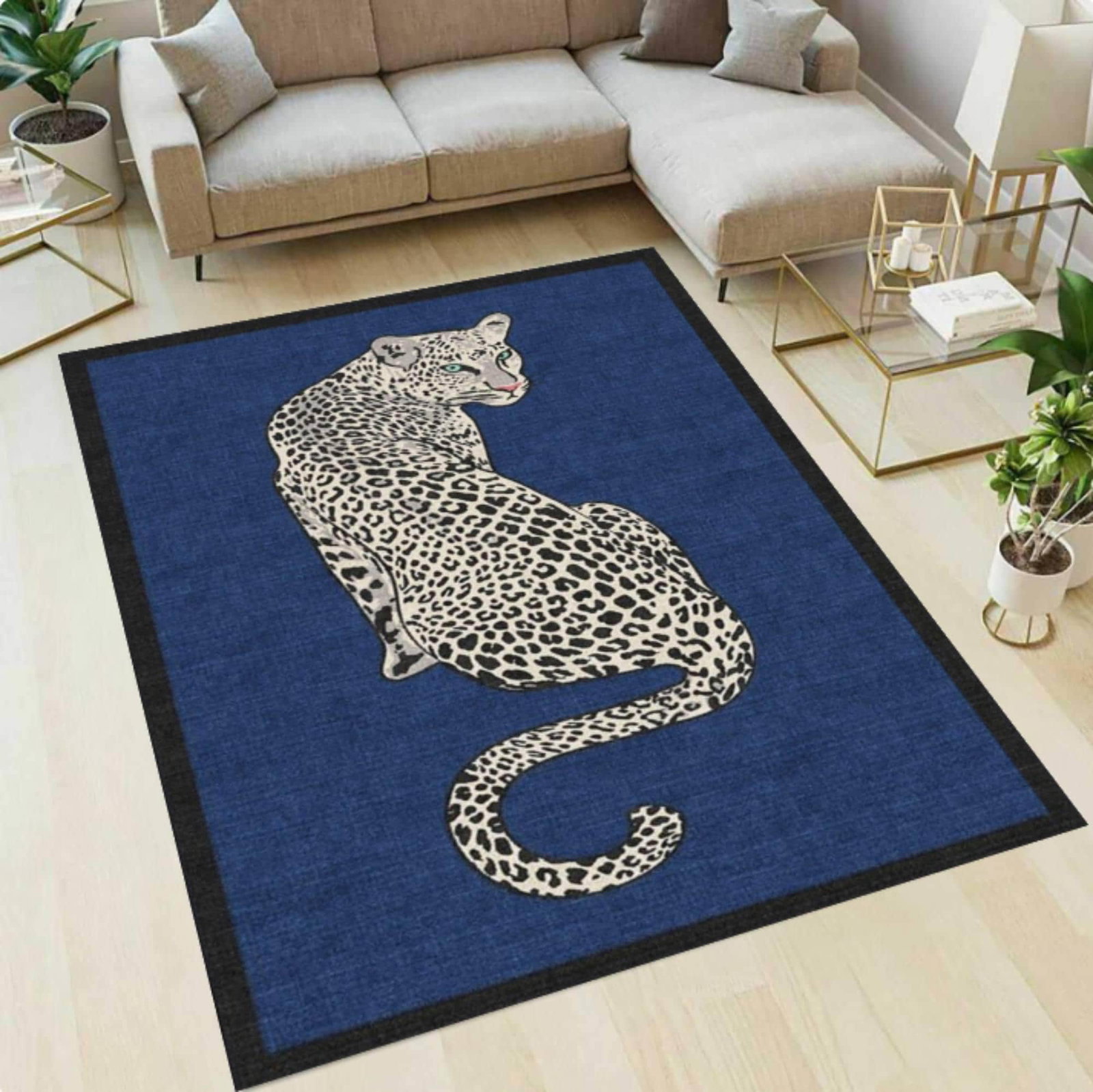 Leopard Print Area Rug, Blue Background Safari CarpetTVC1708396