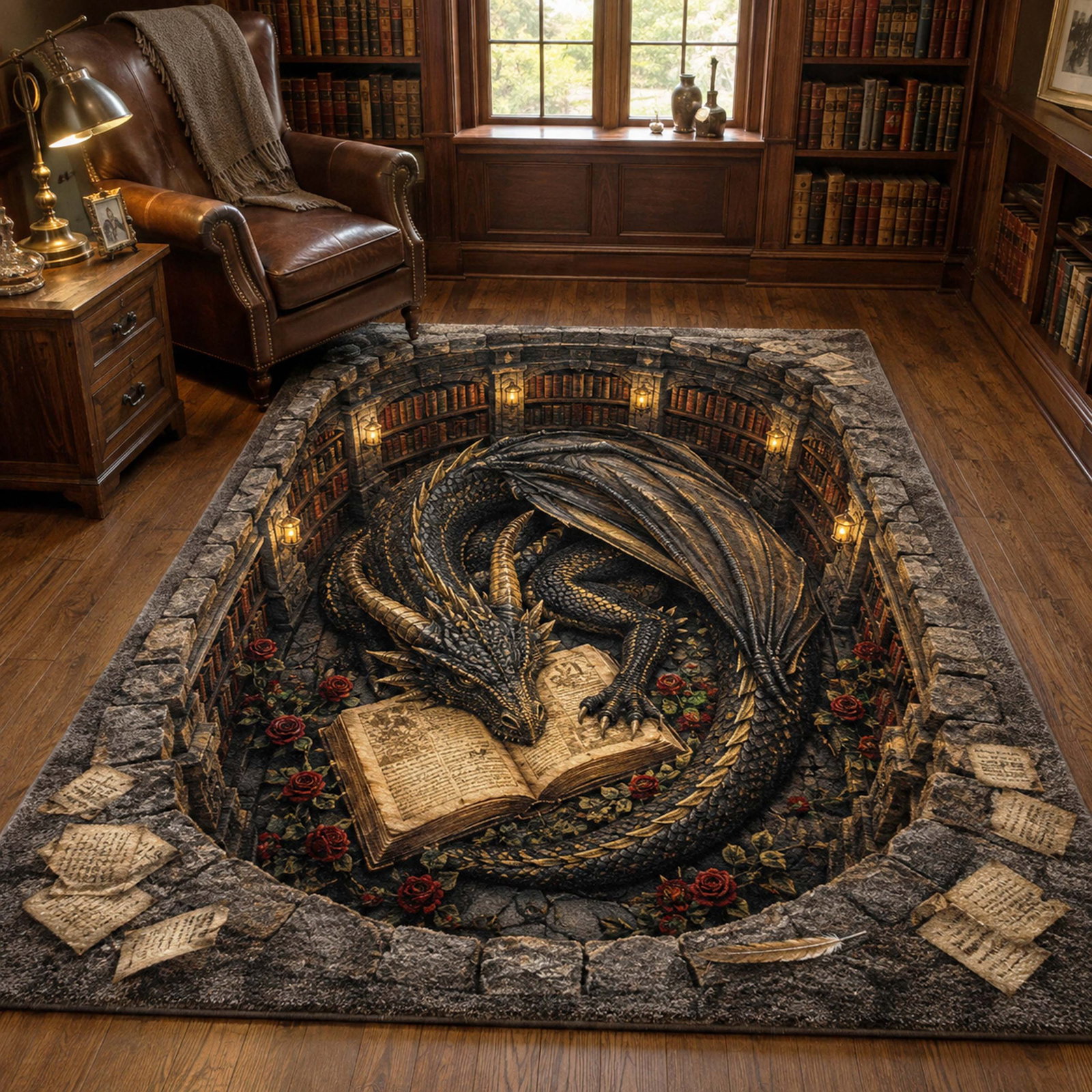 Library Dragon Area Rug - Non-Slip Washable 3D Print Rug for Living Room & BedroomTVC210849