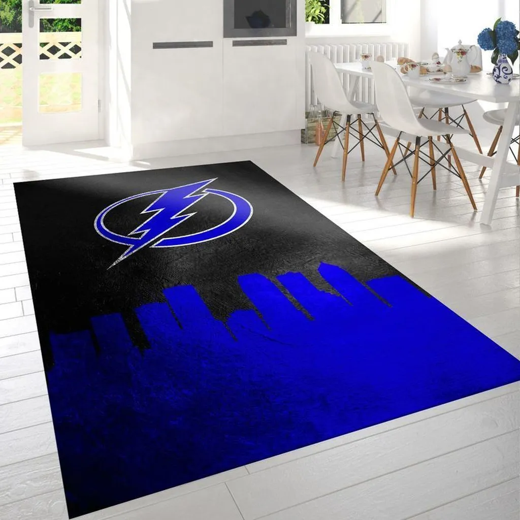 Lightning Bolt Rug with City Skyline for Living Room Black and Blue