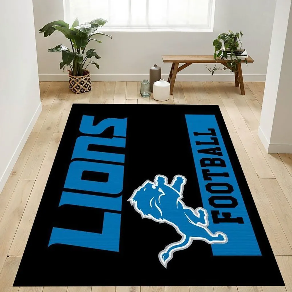 Lions Football Rug for Game Room and Home Decor Black and Blue