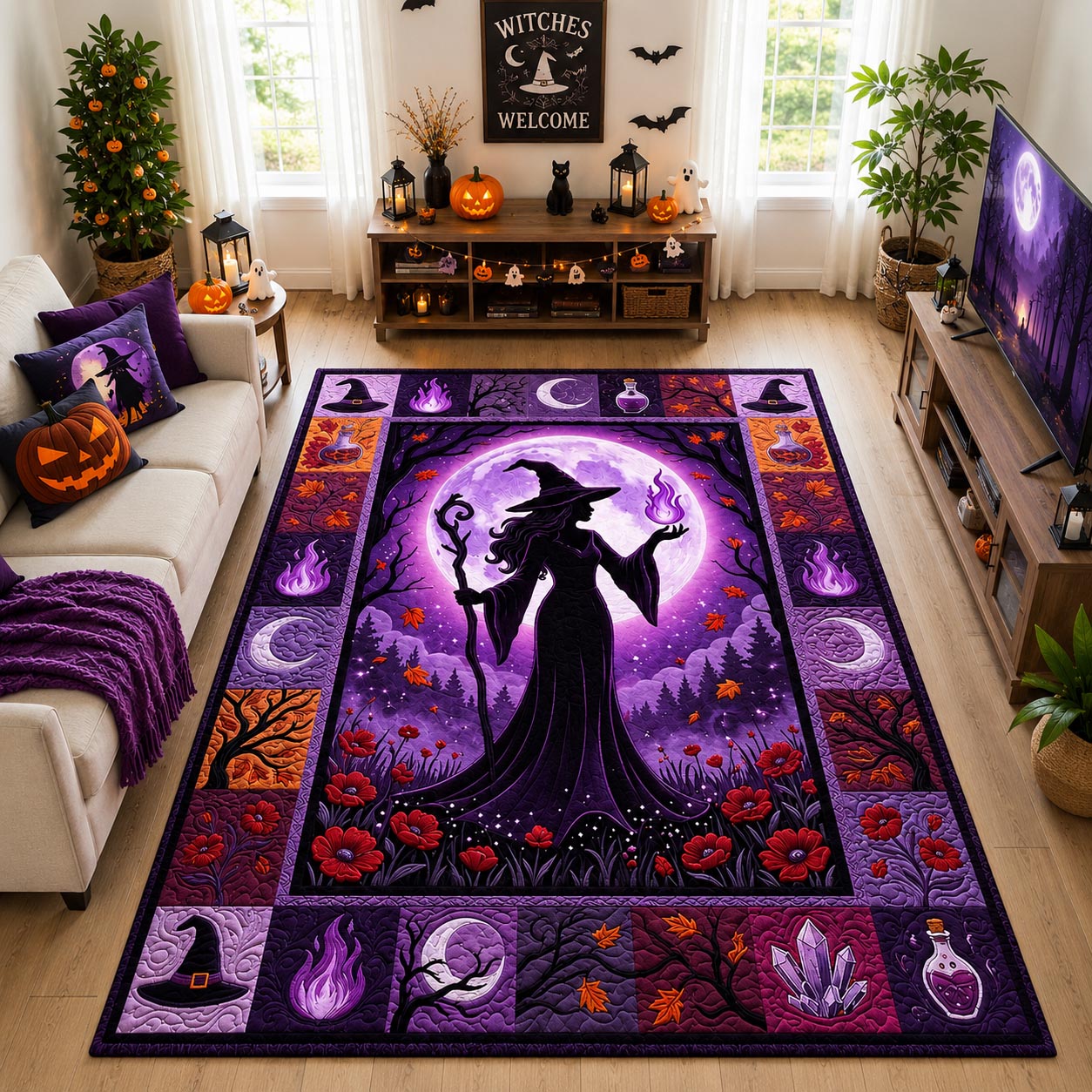 Magical Witch Halloween Area Rug - Non-Slip Washable 3D Print Rug for Living Room & Bedroom (DesignTVC2108171