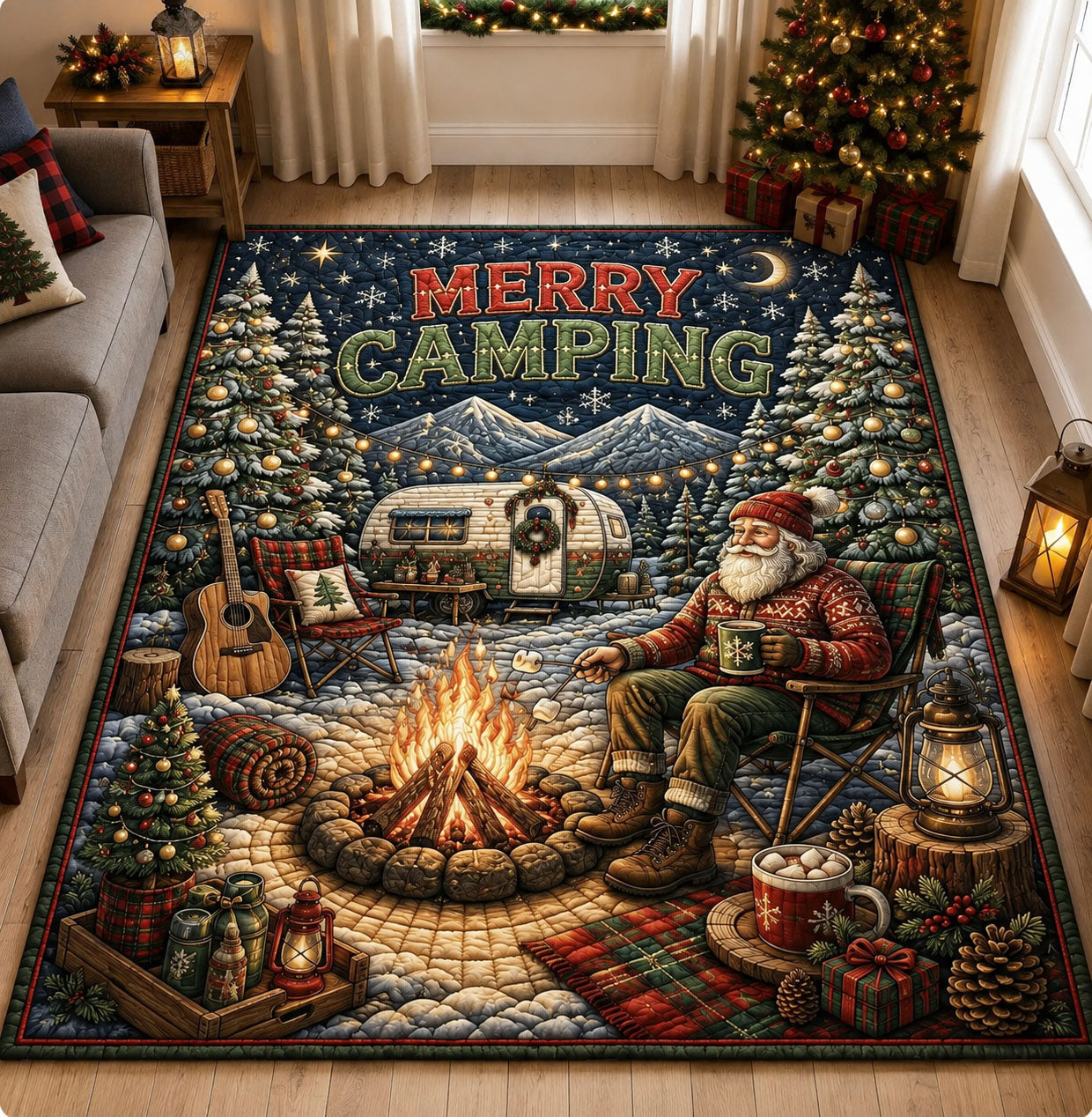 Merry Camping Firelight Area Rug - Non-Slip Washable 3D Print Rug for Living Room & BedroomTVC210866