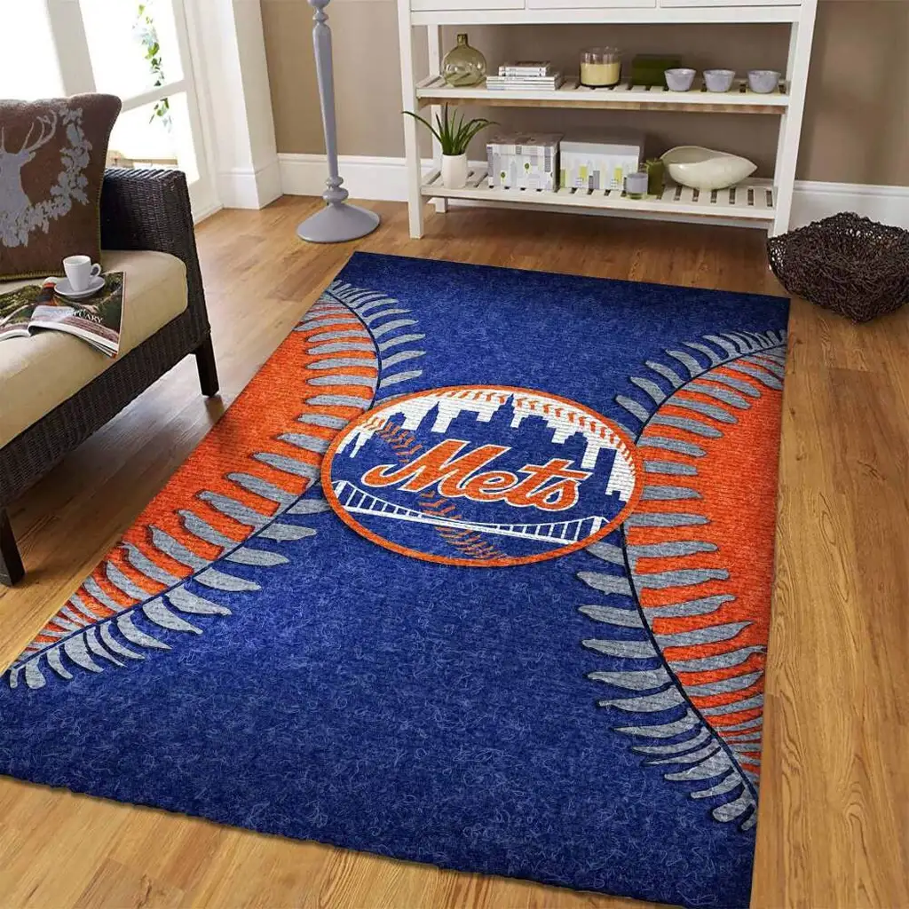 Mets Baseball Rug Perfect for Living Room Decor Blue and Orange