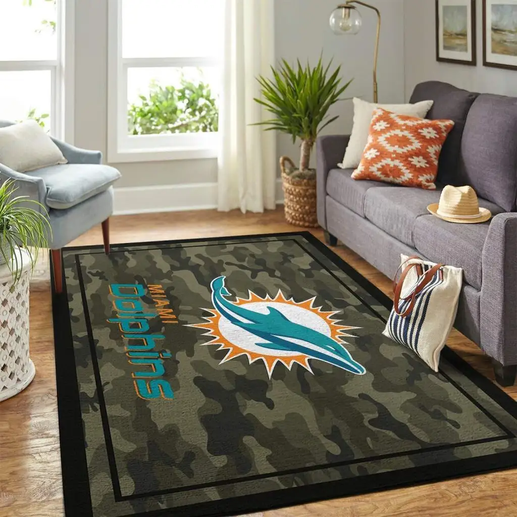 Miami Dolphins Rug - Camo Border Perfect for Living Room Black and Green