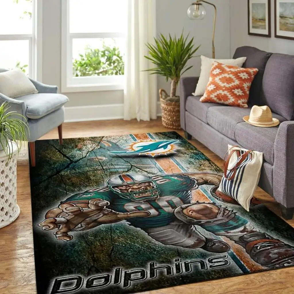 Miami Dolphins Rug - Football Fan Decor Carpet Orange and Teal