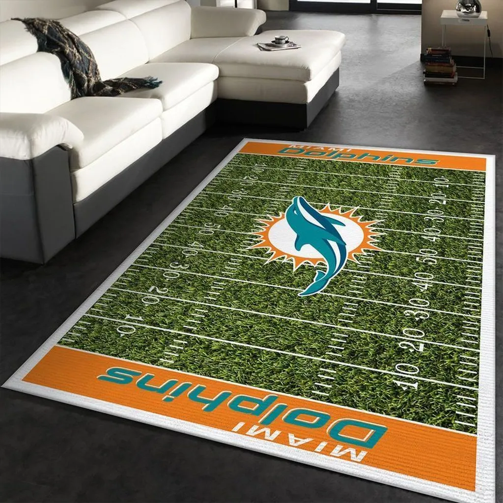 Miami Dolphins Rug - Football Field Area for Living Room Green and Orange