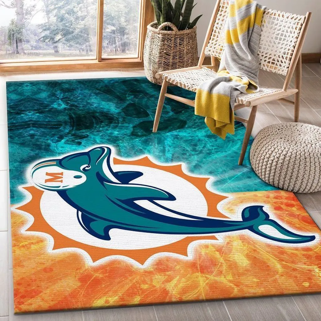 Miami Dolphins Rug - for Bedroom and Living Room Decor Orange and Teal