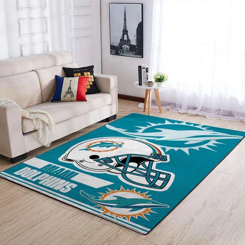Miami Dolphins Rug - Helmet Area for Living Room Decor Teal and White
