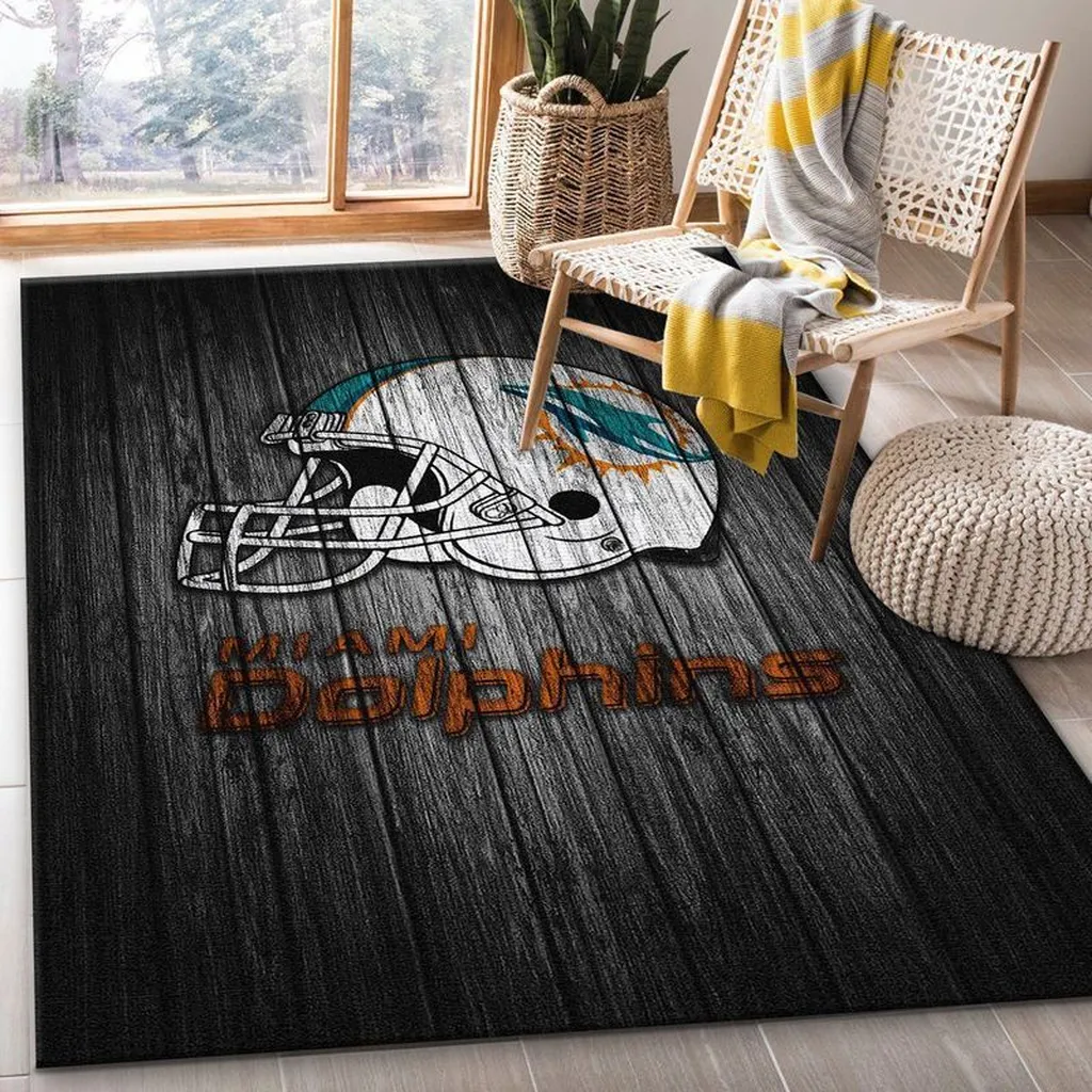 Miami Dolphins Rug - Helmet Perfect for Living Room Black and White