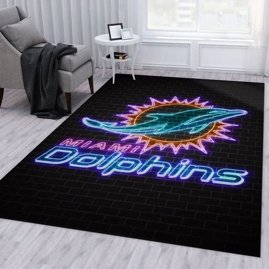 Miami Dolphins Rug - Neon Style Floor Carpet for Fans Black and Blue