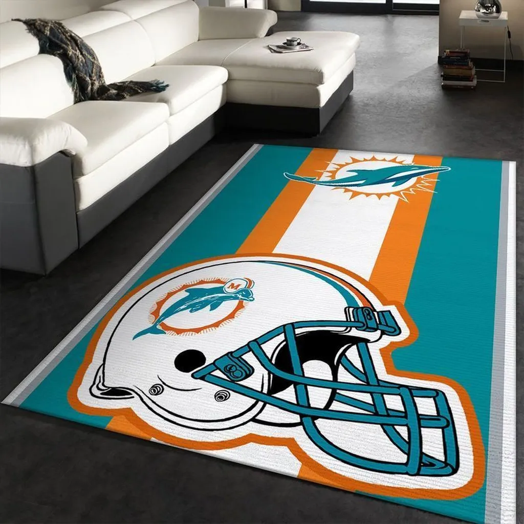 Miami Dolphins Rug - NFL Helmet Area for Living Room Orange and Teal