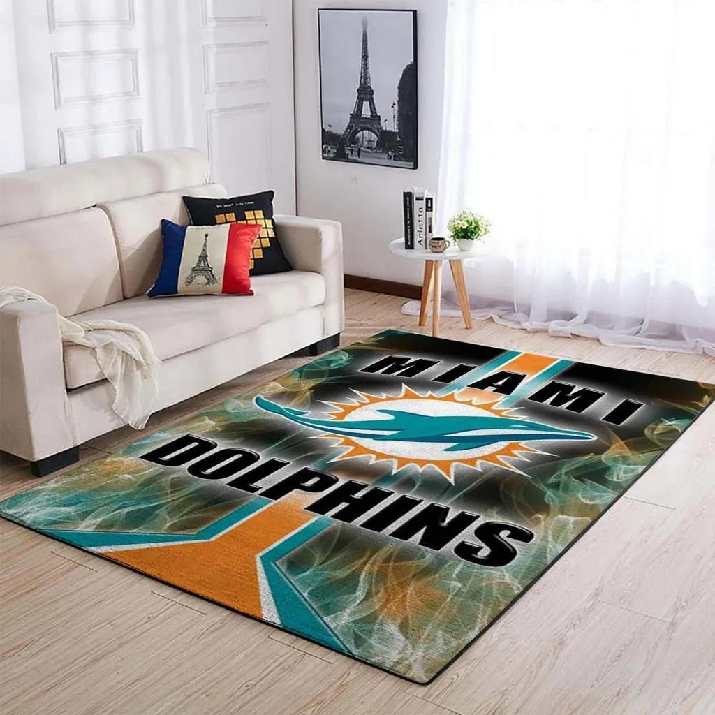 Miami Dolphins Rug - Sports Logo for Living Room Carpet Orange and Teal