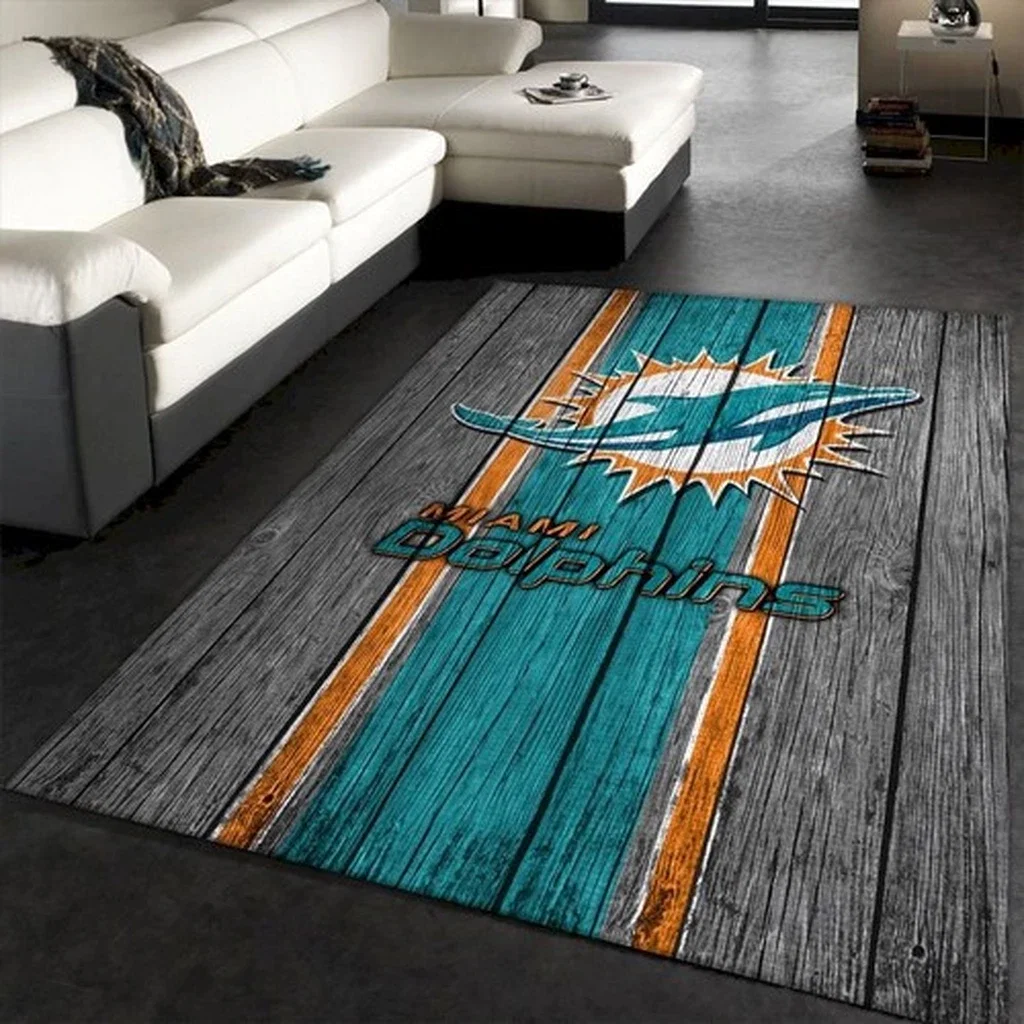 Miami Dolphins Rug - Wood Style Decorative for Living Room Orange and Teal
