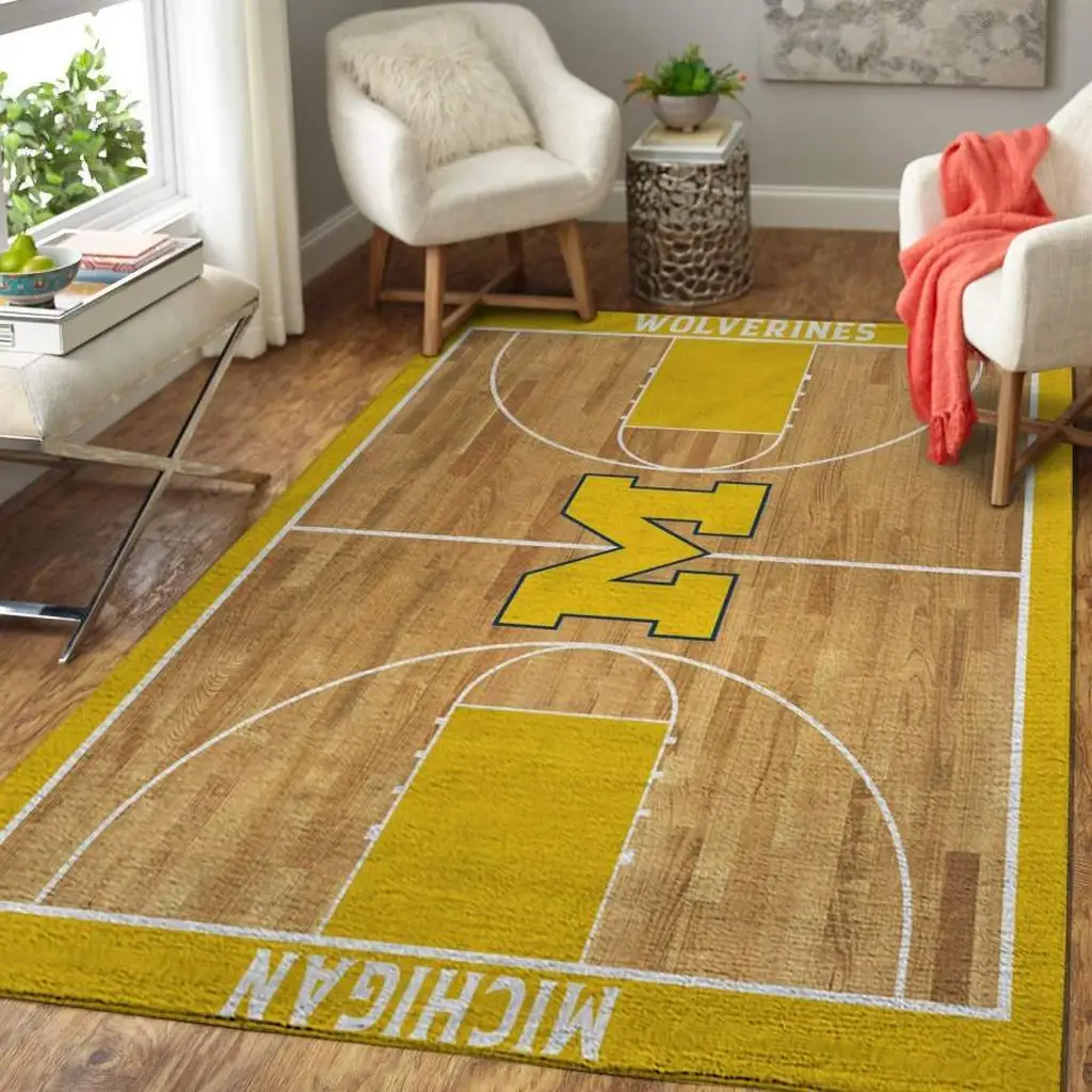 Michigan Basketball Court Rug for Sports Fans Black and Blue