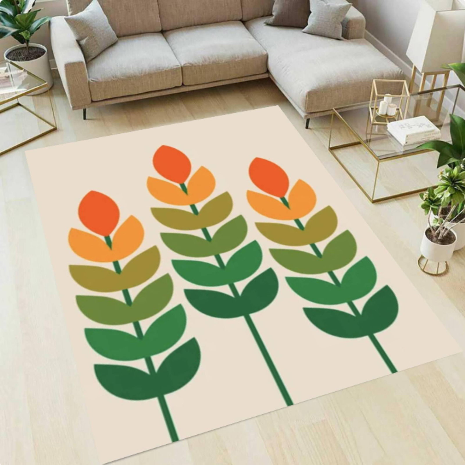 Mid Century Floral Area Rug, Minimal Flower PatternTVC1708387