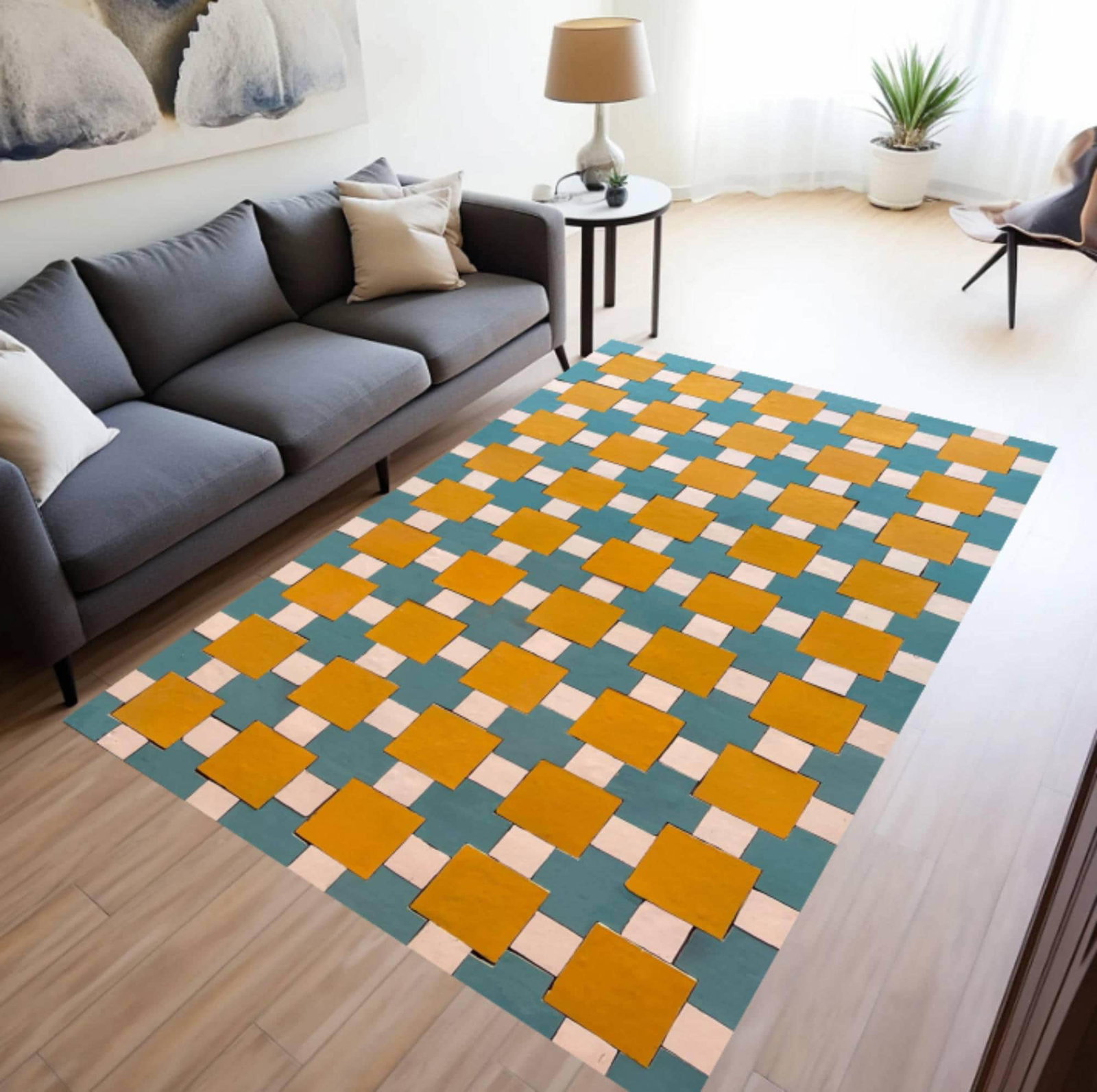 Mid Century Geometric Area Rug, Blue Mustard Pattern CarpetTVC1708386