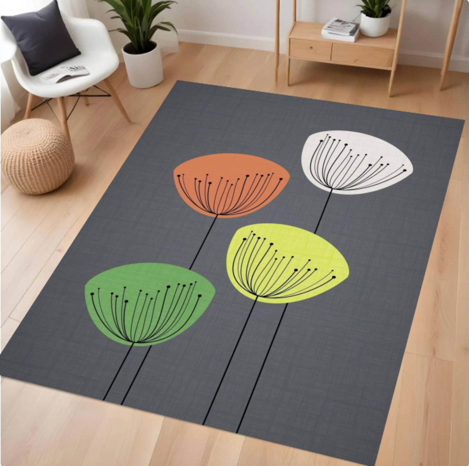 Mid-Century Modern Floral Rug - Minimalist Scandinavian Floral Area RugTVC1708365
