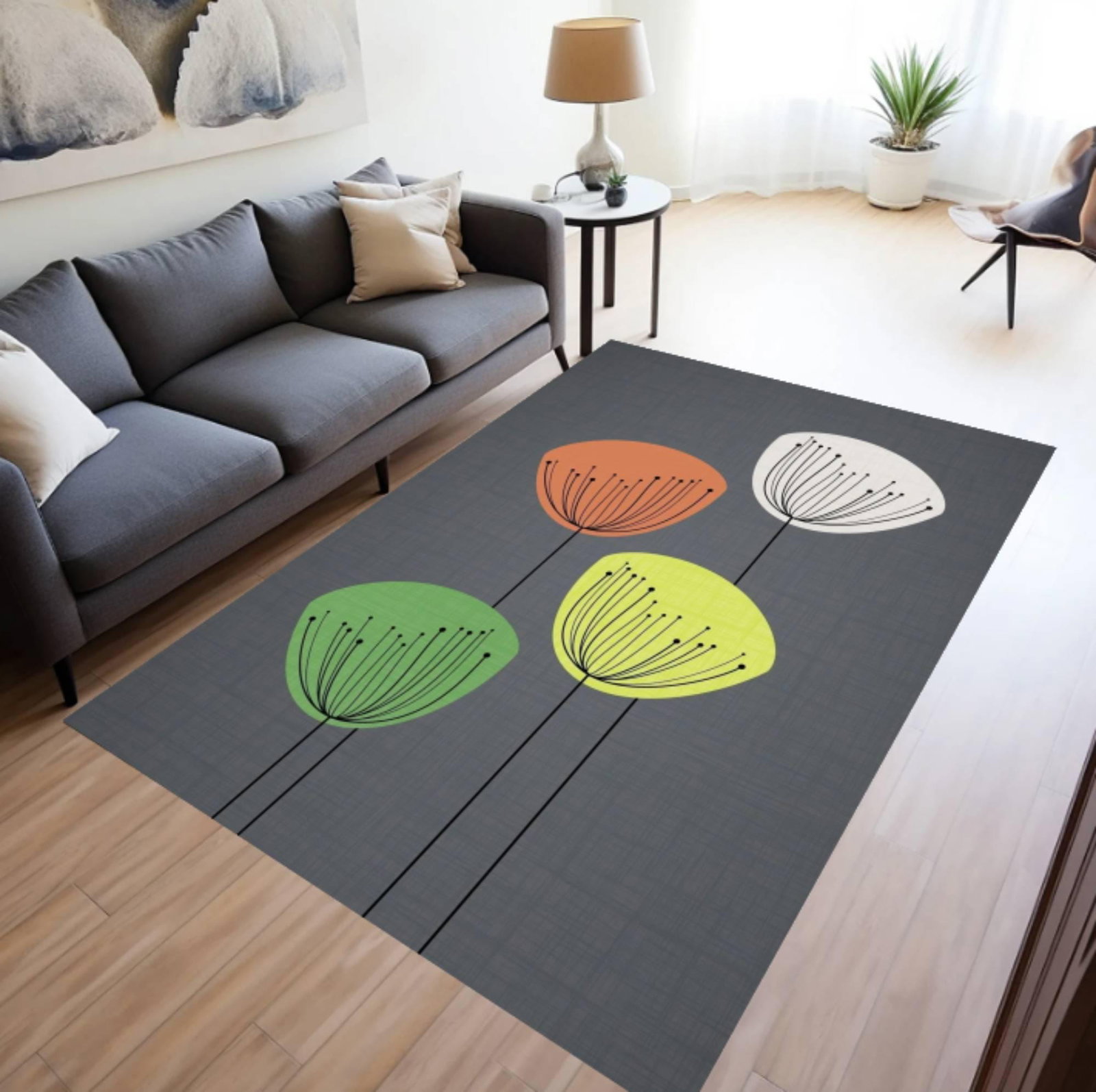 Mid Century Modern Floral Rug, Minimalist Scandinavian Flower CarpetTVC1708388