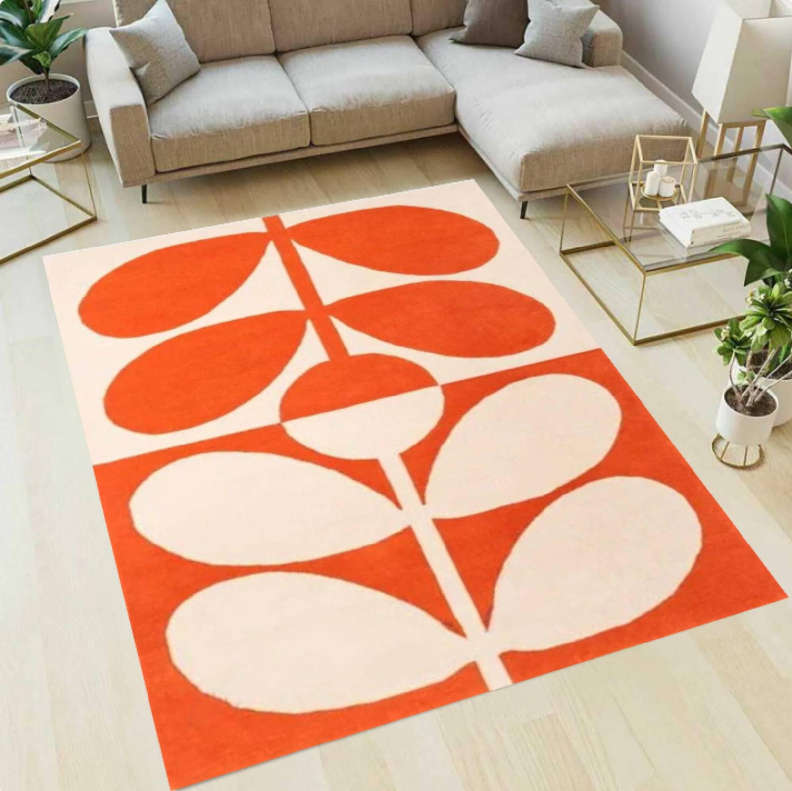 Mid Century Modern Leaf Area Rug, Bold Orange Scandinavian DesignTVC1708387