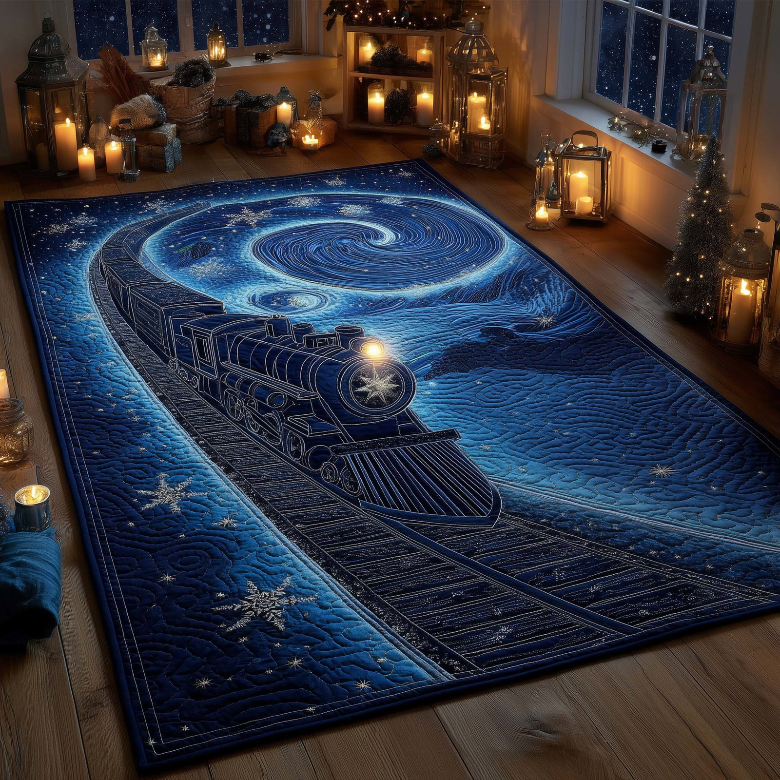 Midnight Blue Magical Train Area Rug - Non-Slip Washable 3D Print Rug for Living Room & BedroomTVC2108158