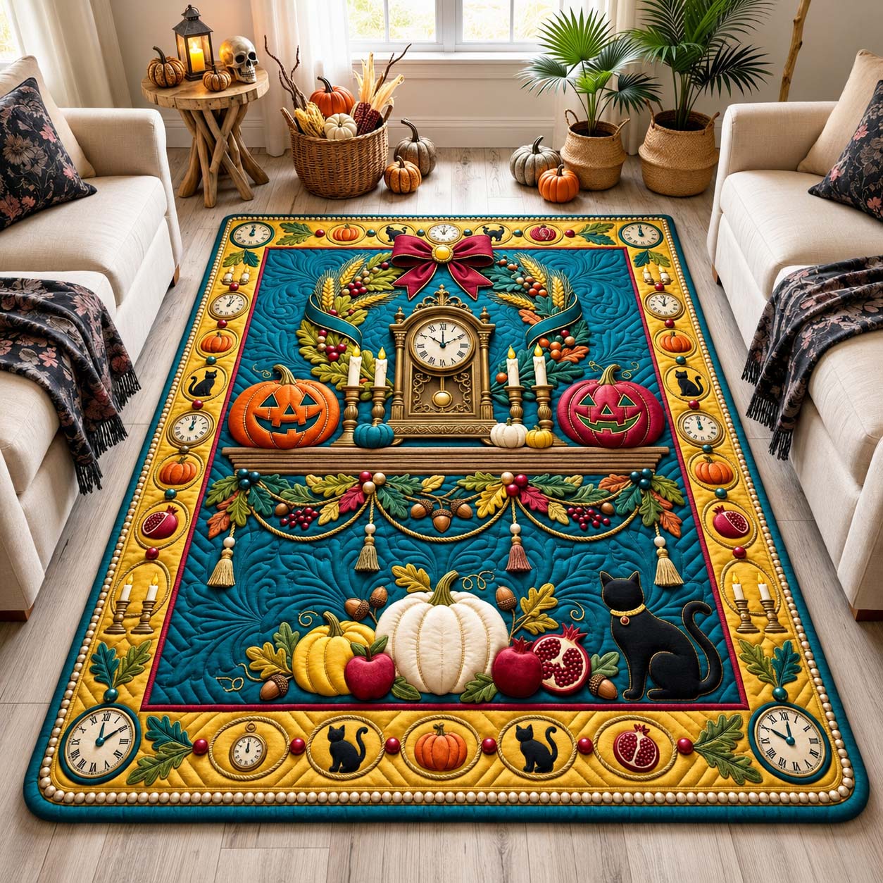 Midnight Cat Clock Area Rug - Non-Slip Washable 3D Print Rug for Living Room & BedroomTVC210868