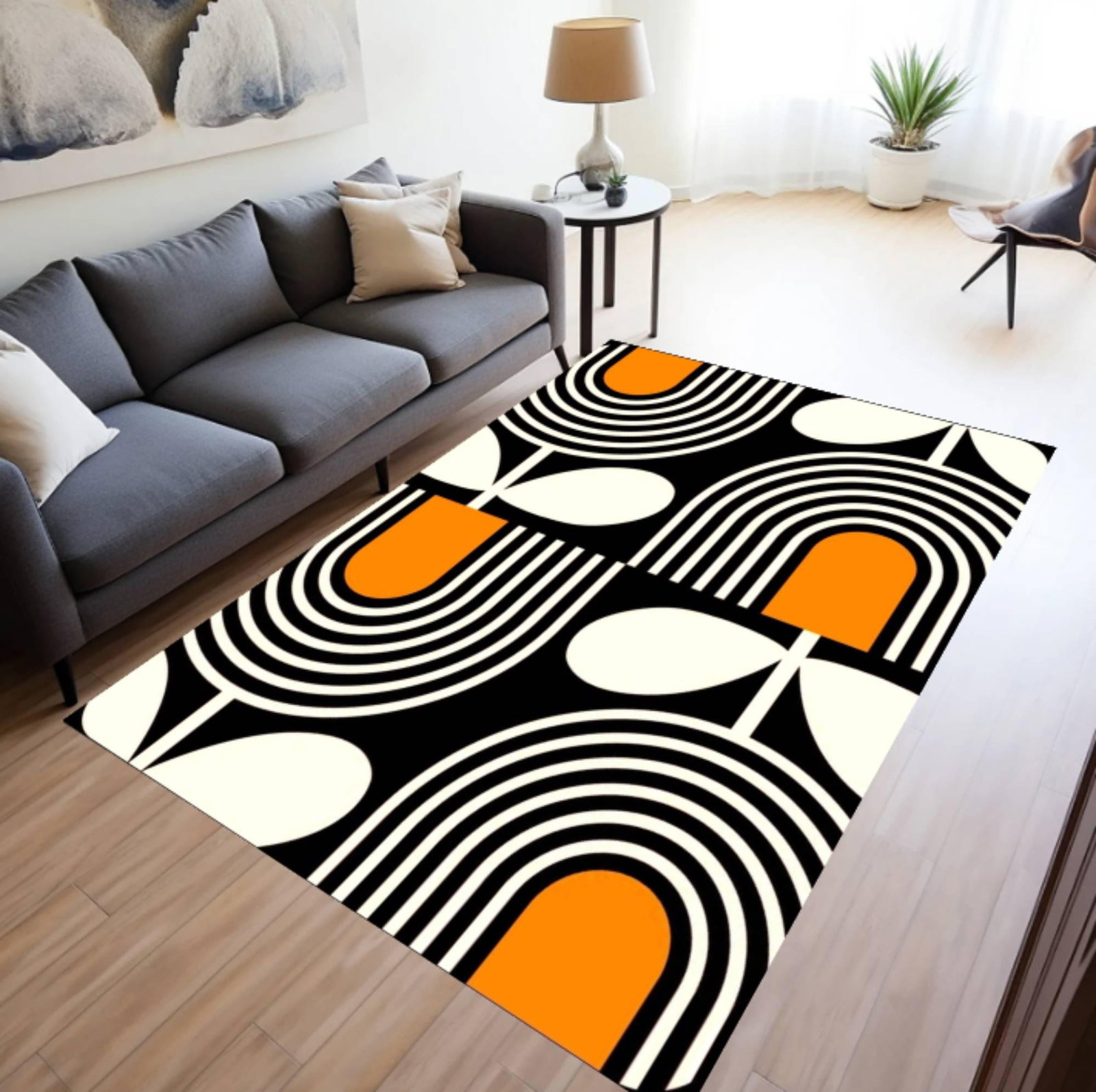 Modern Abstract Area Rug, Black White Orange Arc PatternTVC1708393