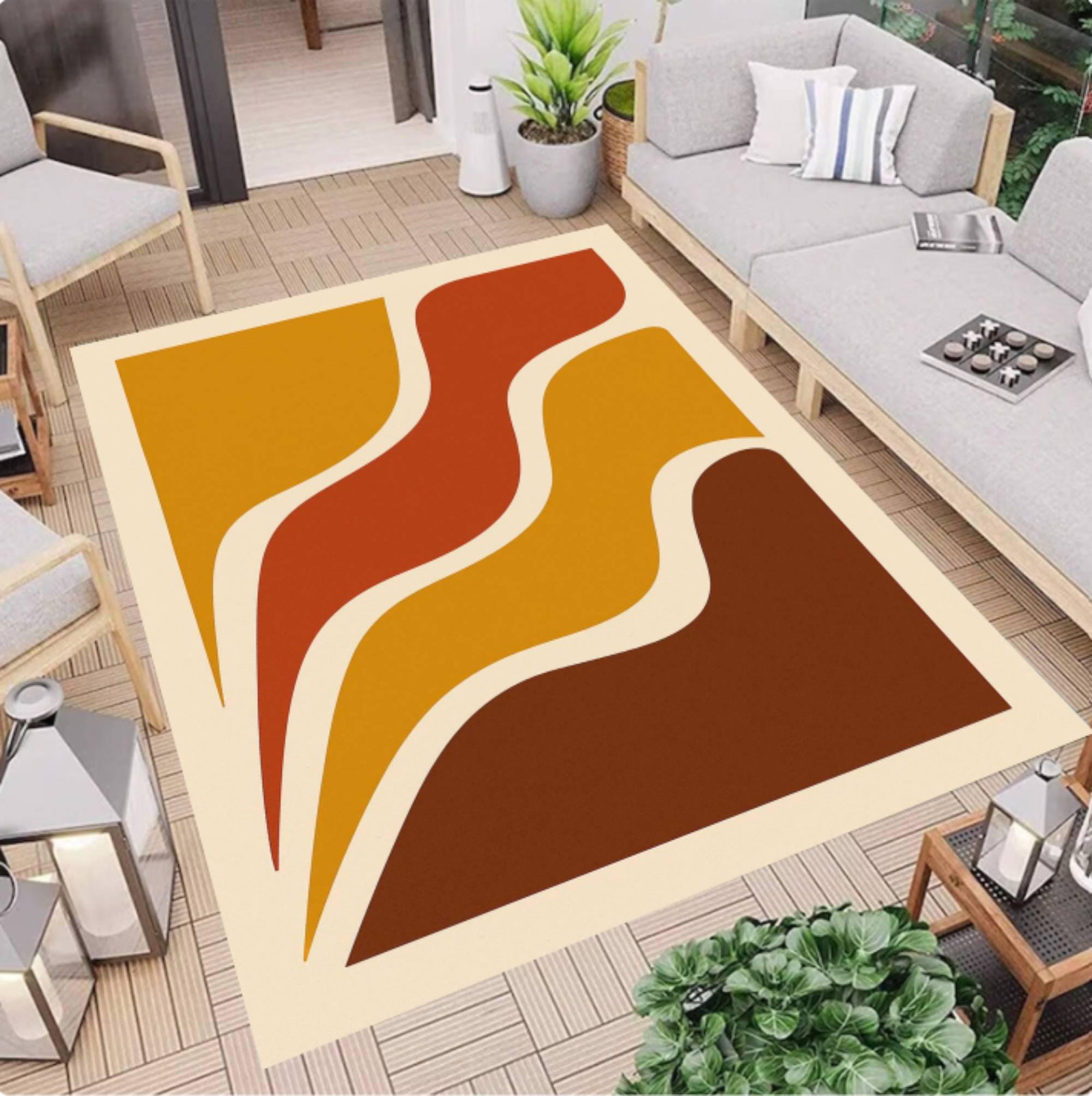 Modern Abstract Area Rug, Boho Wave Pattern â€“ Terracotta Mustard BrownTVC1708397