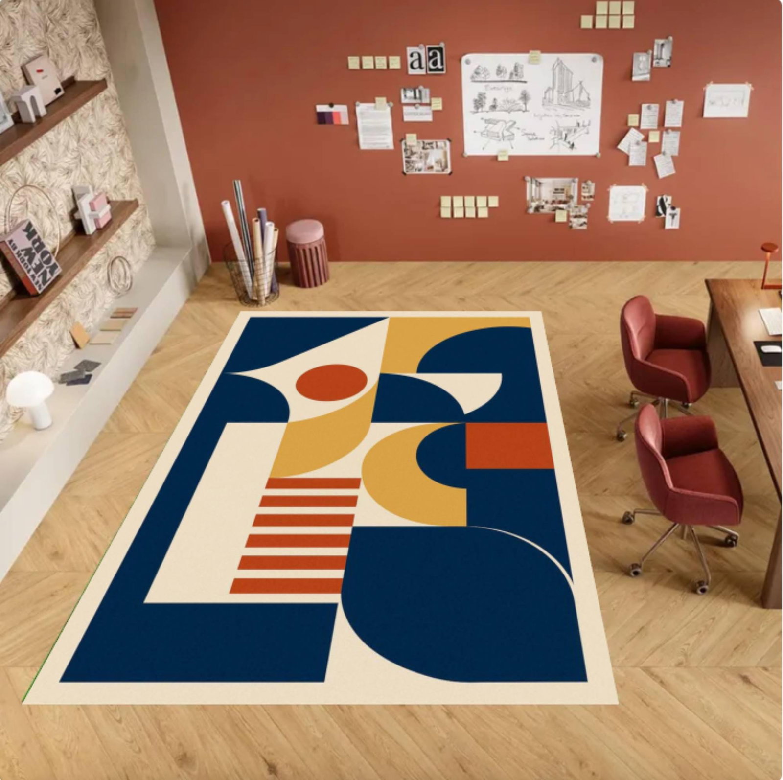 Modern Abstract Area Rug, Navy Mustard Terracotta â€“ Mid Century ModernTVC1708389