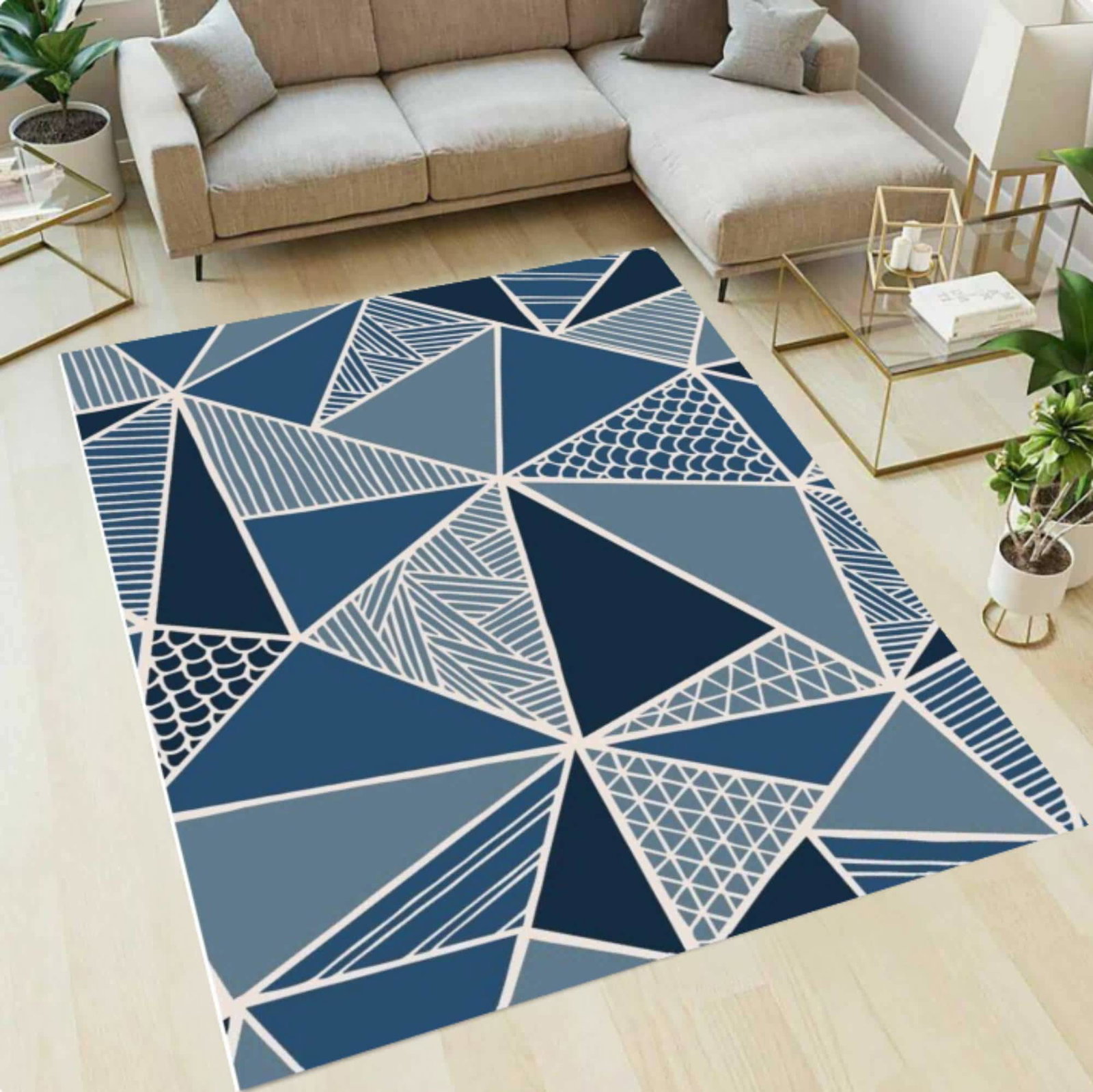 Modern Abstract  Geometric Area Rug, Blue Triangle PatternTVC1708385