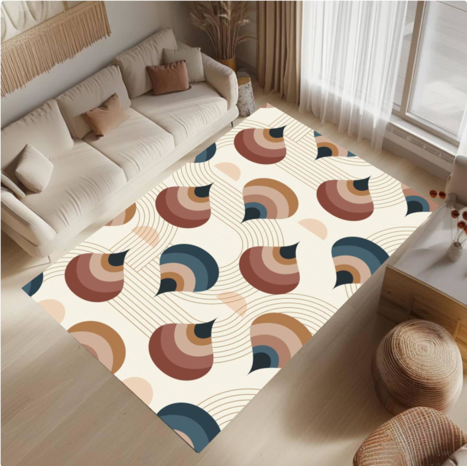 Modern Abstract  Geometric Area Rug, Terracotta Navy Scallop PatternTVC1708389