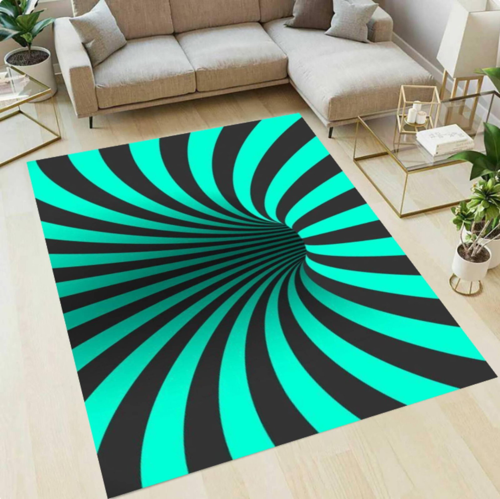 Modern Abstract Swirl Area Rug, Teal Black Optical IllusionTVC1708393