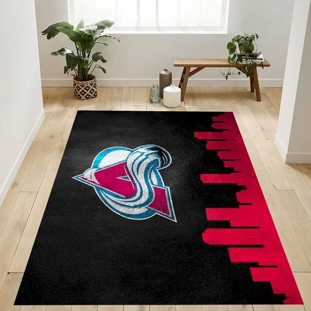 Modern Area Rug with City Skyline and Custom Logo Black and Red