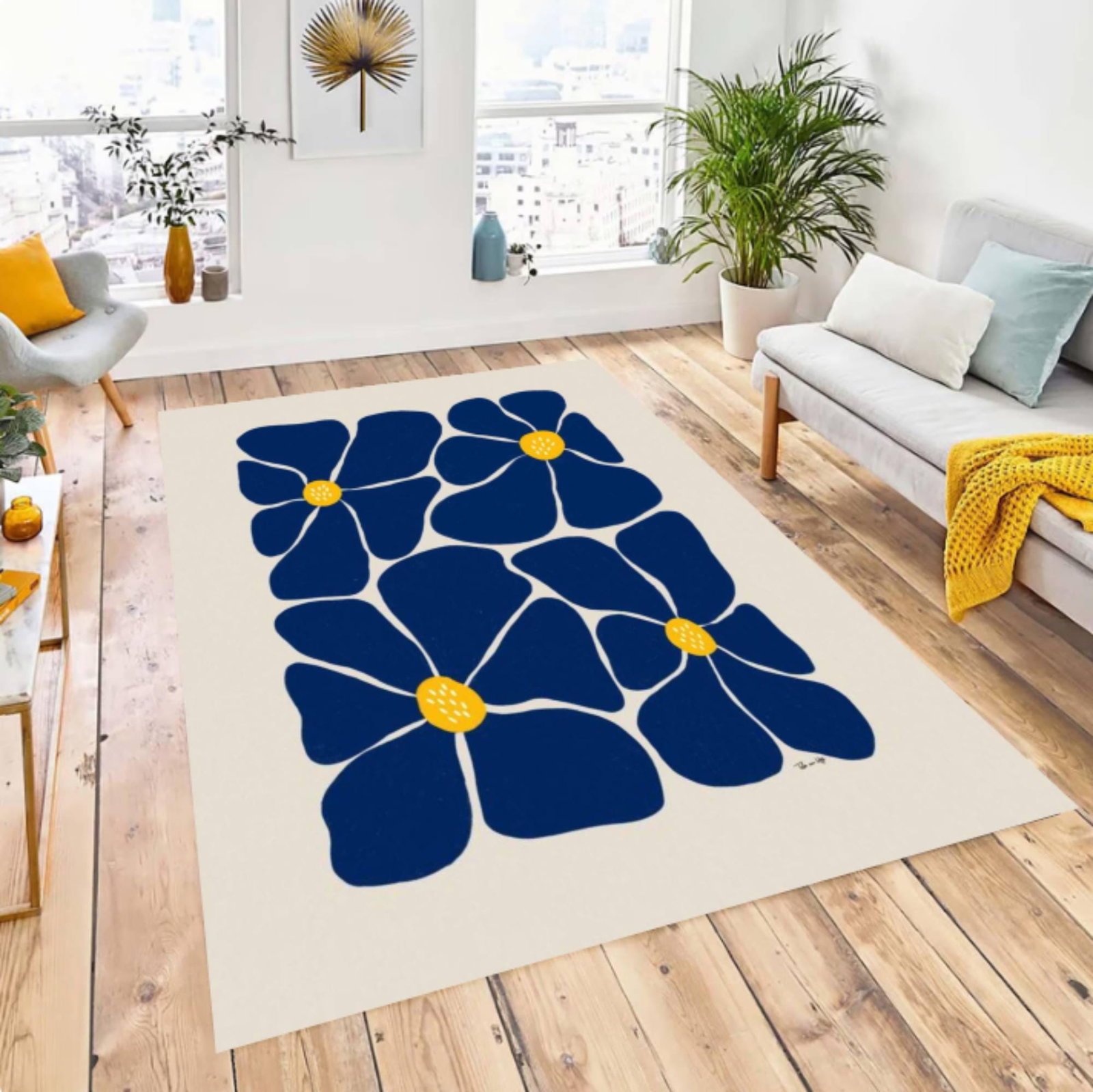 Modern Floral Area Rug, Blue Flower Minimal Floor RugTVC1708385
