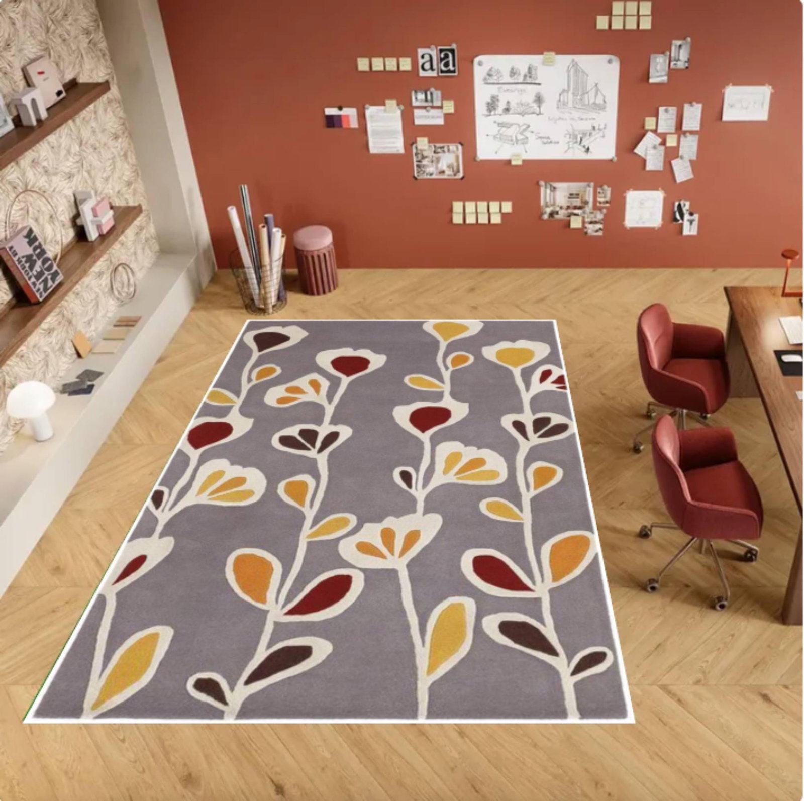 Modern Floral Area Rug, Scandinavian Flower Pattern CarpetTVC1708381